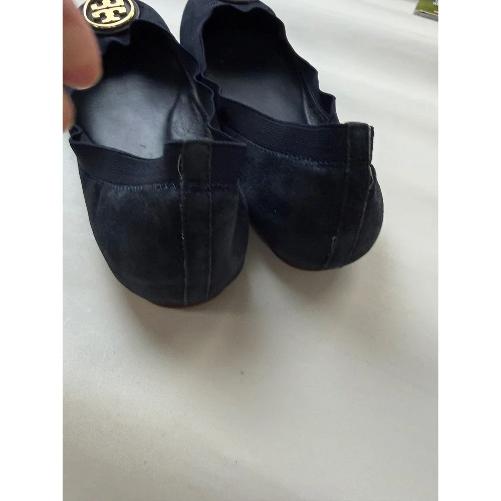 Tory Burch Caroline Navy Suede Leather Flats Sz 9 Gold Logo